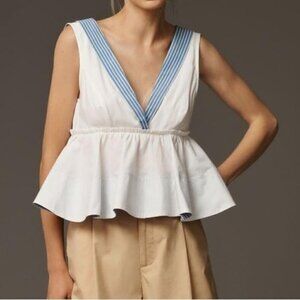 ANTHROPOLOGIE Maeve Sleeveless V-Neck Peplum Hem Babydoll Top White Size XL NEW